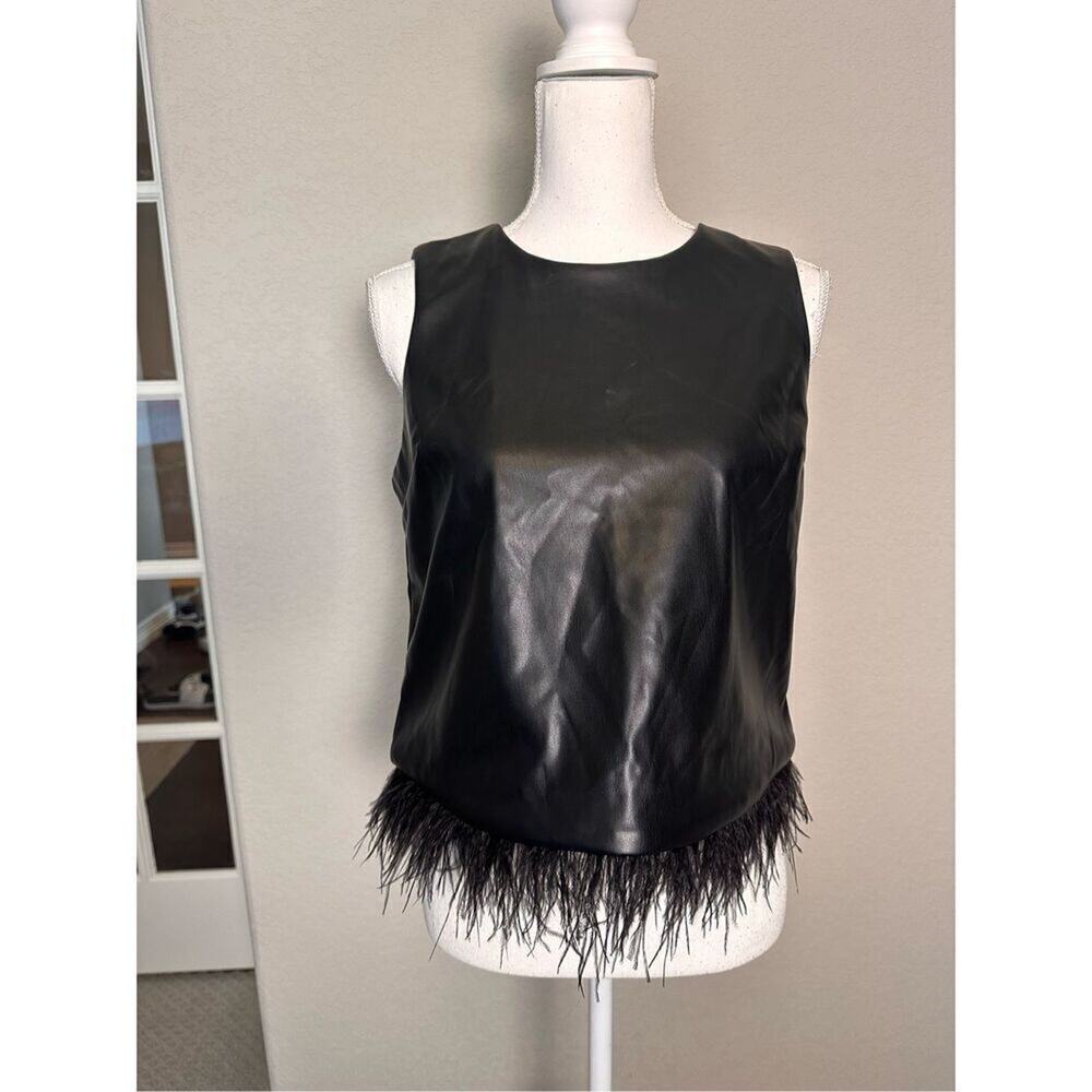 ForCynthia Faux Leather Feather Trim Tank Top Size Small